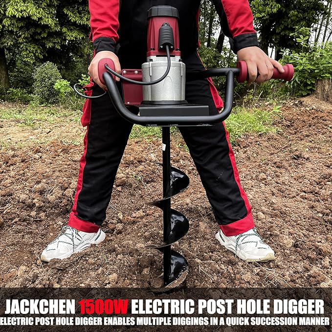 JACKCHEN 1500W Electric Post-Hole Digger with 6-Inch Auger Bit, Earth Auger Drill, Auger Bit Earth Auger, Ideal for Post Hole Digging, Drilling, Tree Planting, Red-VerdiqueGarden