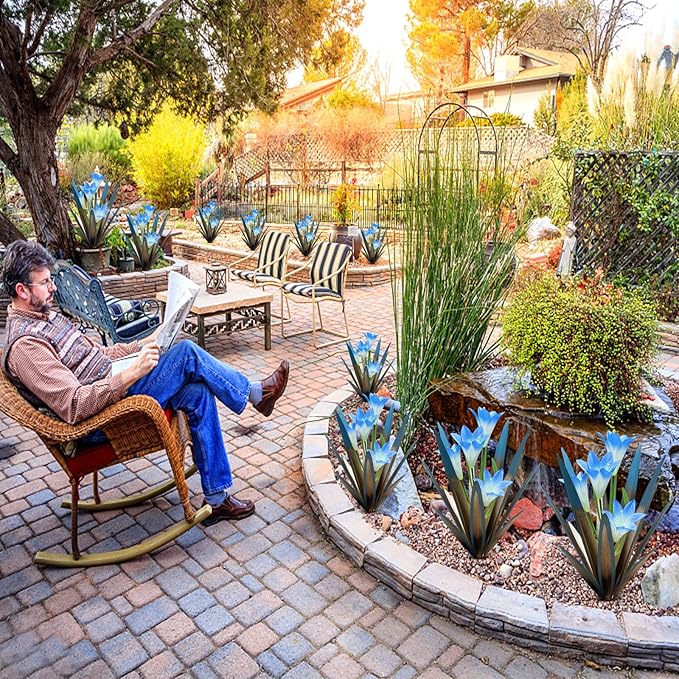 Homight Metal Agave Plant Outdoor Decoration Outdoor Garden Decoration Lily Mexican Yard Art Plant Garden Agave Lily Decorative Garden Gift… (3 Big Blue Lilies)-VerdiqueGarden