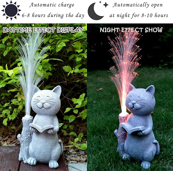 Cat Solar Garden Statues,Resin Cat Figurine Reading a Book and 7-Color Changing Optical Fiber with Solar Lights, Lawn Decor Outdoor Statue for Patio,Balcony,Yard,Lawn Ornament-VerdiqueGarden