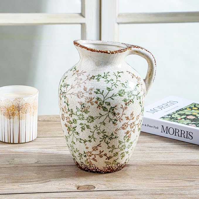 Enra Vintage vase,Ceramic Chinoiserie Floral Vase,Green and Beige Decorative Flower vase,Large Rustic Vases for Home Decors, Living Room, Bookshelf, Office，9.7 inch-VerdiqueGarden