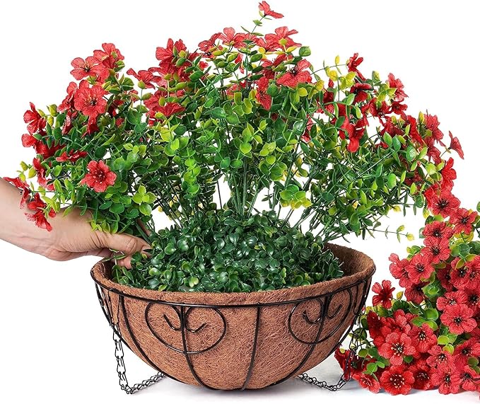 Artificial Fake Hanging Red Plants Flowers Basket for Outdoor Fall Winter Christmas, Faux Silk Daisy Mums Look Real UV Resistant for Outside Porch Home Patio Garden Yard Decoration-VerdiqueGarden