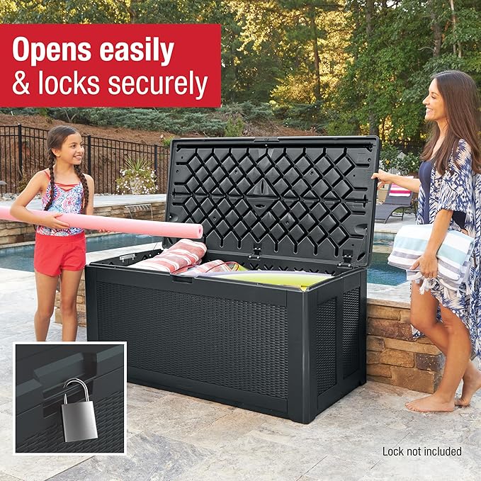Rubbermaid Extra Large Resin Outdoor Storage Deck Box (134 Gal), Weather Resistant, Black, Deck Organization for Home/Backyard/Pool Chemicals/Toys/Garden Tools/Porch/Patio Cushions-VerdiqueGarden