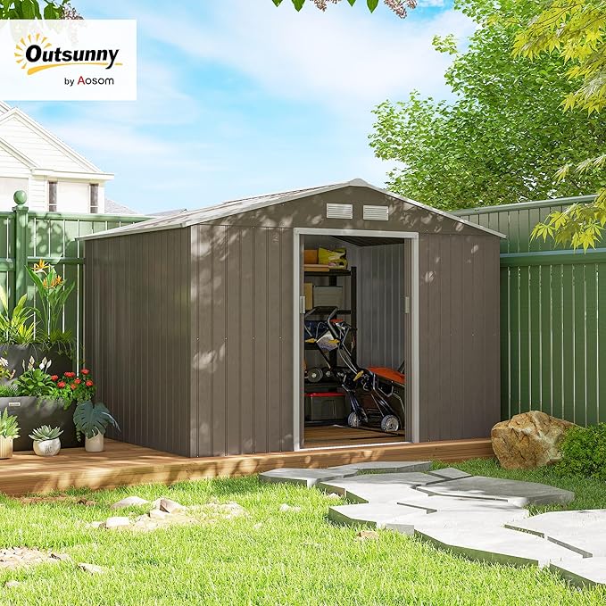 Outsunny 9' x 6' Outdoor Storage Shed, Garden Tool Metal Shed with Foundation Kit, Double Lockable Door, Air Vents and Sloping Roof, for Backyard, Patio, Lawn, Light Brown-VerdiqueGarden