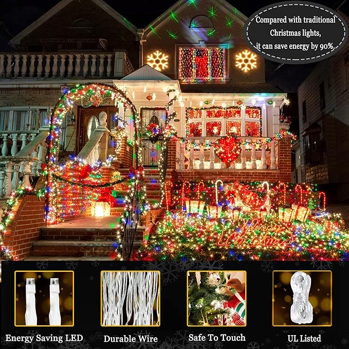 KNONEW Outdoor Christmas Lights 300 LED 99ft String Lights 8 Modes & Time Memory Fairy Light Plug in Waterproof LED String Lights for Xmas Yard Tree Wedding(Multicolor)-VerdiqueGarden