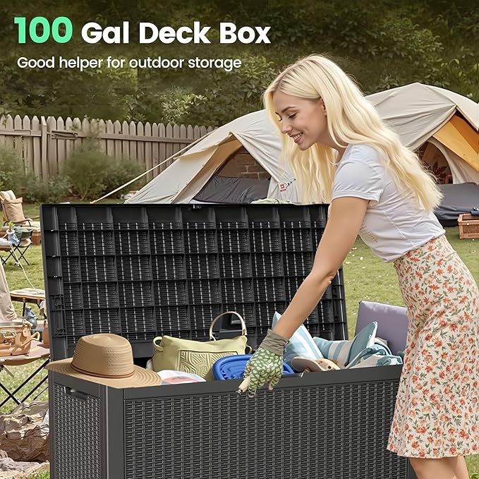 100 Gallon Storage Box, Waterproof Resin Deck Box with Hydraulic Piston Design, Lockable Storage Bench for Package Delivery, Storage Bin for Patio Cushions, Garden Tools, Black-VerdiqueGarden