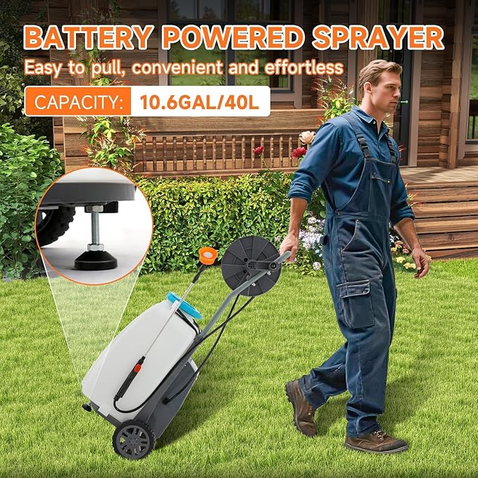 10.6 Gallon Battery Powered Sprayer with Double Professional Pump, Portable Sprayer with Wheels,0-94 PSI,12V 8Ah Battery,Adjustable HD Wand and 10 Nozzles for Weeding, Spraying, Cleaning-VerdiqueGarden