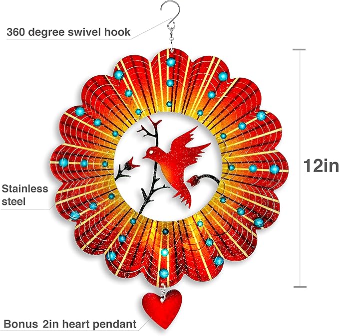 SteadyDoggie Wind Spinner - 12-Inch 3D Stainless Steel Lovebird Design with Heart Pendant - Laser Cut Metal Art Geometric Pattern - Hanging Kinetic Yard Garden Decor-VerdiqueGarden