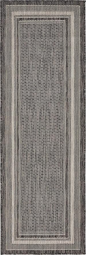 Unique Loom Outdoor Border Collection Area Rug - Soft Border (2' x 6' 1" Runner, Black/ Ivory)-VerdiqueGarden