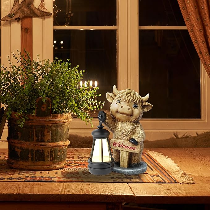 Highland Cow Statues with Solar Lights, Highland Cow Resin Figurine Lights, Highland Cow Ornaments for Patio, Balcony, Indoor Decoration and as Gifts-VerdiqueGarden