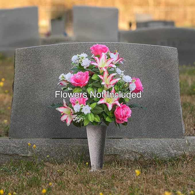 Cemetery Vase with Stakes - Plastic Flower Vases with 2 Ground Spikes, Draining Holes - for Garden, Lawn, Yard - Memorial Grave Decorations 12.7x3.4x3.9, Grey Granite Design-VerdiqueGarden