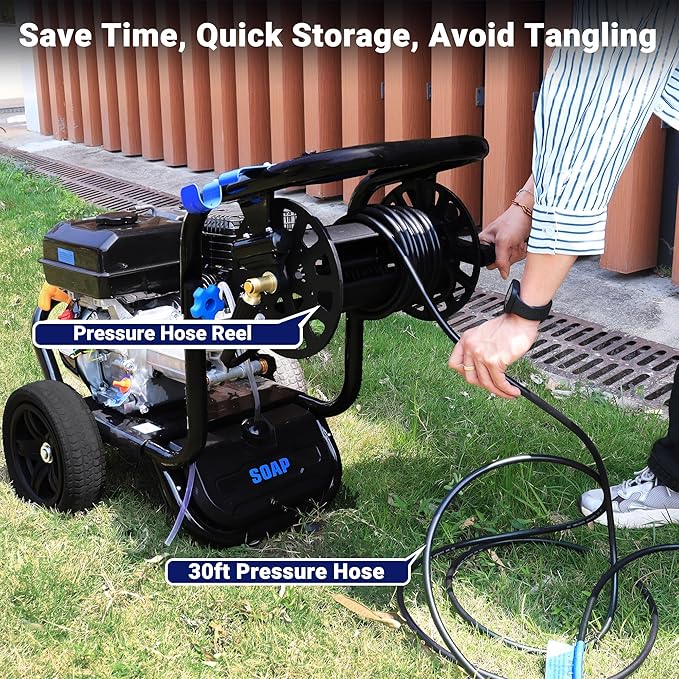 3600 PSI Gas Pressure Washer, 2.3 GPM Heavy-Duty Power Cleaner with 212CC Engine, 5 Quick-Connect Nozzles, 30FT Hose & Reel, Maintenance-Free Axial Cam Pump, for Commercial, Home Cleaning-VerdiqueGarden