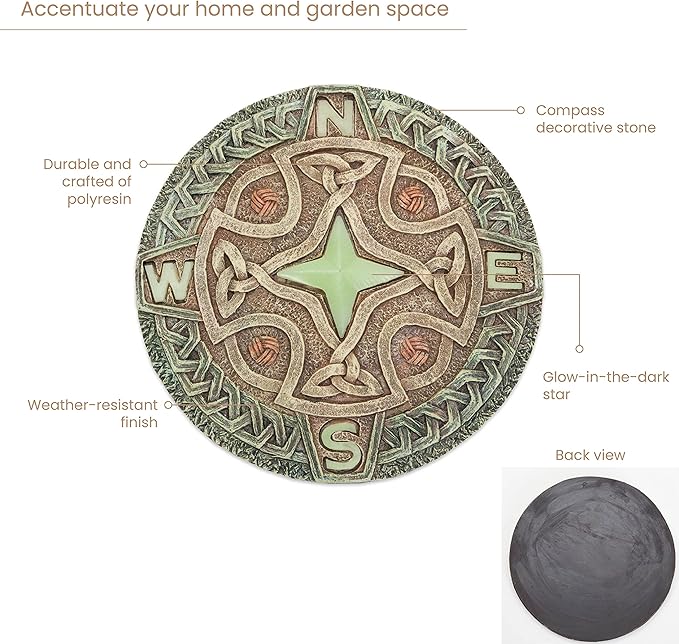 Bits and Pieces - 10” (25.5 cm) Glow-in-The-Dark Celtic Compass Decorative Stone - Yard Decoration – Beautiful Lawn/Garden Stone-VerdiqueGarden