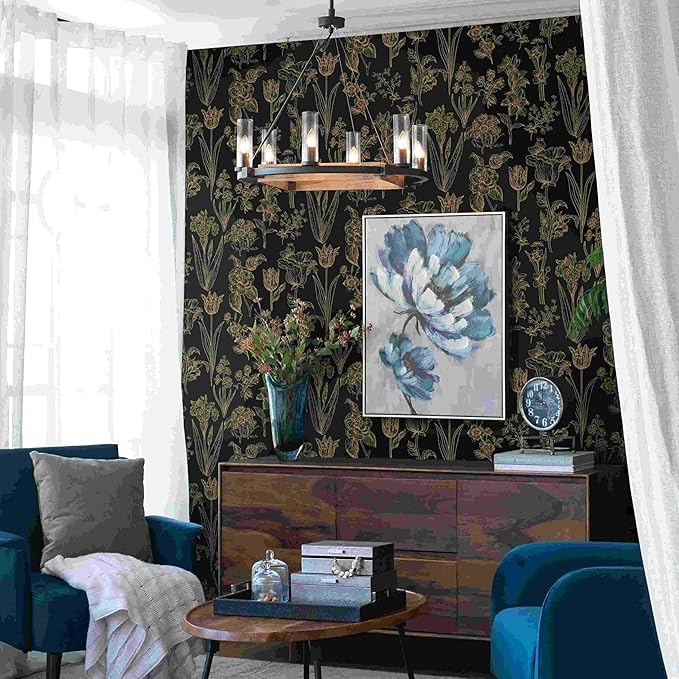 Dimoon 393"x17.3" Floral Wallpaper Peel and Stick Flowers Golden Black Contact Paper Thicken Waterproof Modern Self Adhesive Plants Wallpaper Removable Wall Paper Shelf Vinyl Roll-VerdiqueGarden