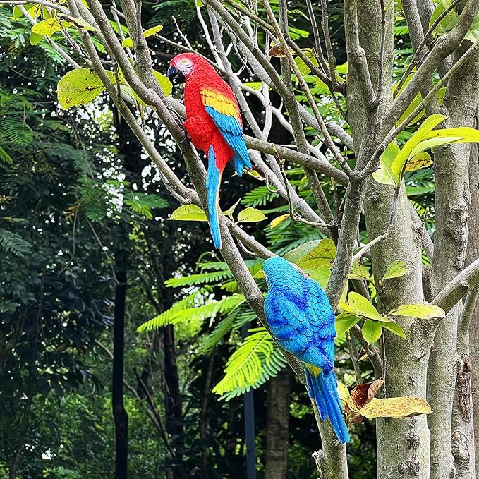 Realistic Parrot Sculpture Resin Hanging Parrots Garden Statues Lifelike Bird Figurines Landscape Ornament Patio Yard Lawn Figurine Tree Decor, Outdoor Garden Wall Statues (Blue)-VerdiqueGarden
