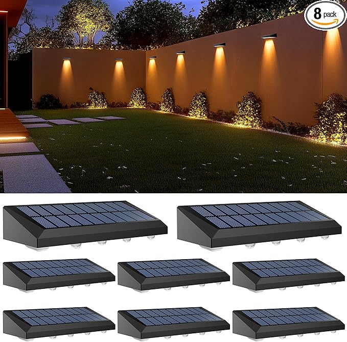 Solar Fence Lights Outdoor Waterproof IP65, 8 Pack Fence Lights Solar Powered 60 Lumens Auto On/Off Step Wall Lights Outside Decorations for Yard, Porch, Patio, Stairs, Pool, Deck, Garden- Warm Light-VerdiqueGarden