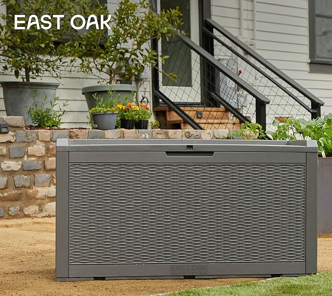 EAST OAK Outdoor Storage Box, 100 Gallon Deck Box, Waterproof Resin Storage Bench for Patio Cushions, Gardening Tools, Pool Accessories, Lockable, UV Resistant, Grey-VerdiqueGarden