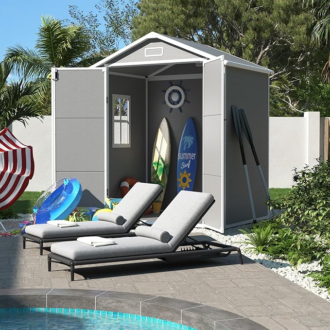 UDPATIO Outdoor Resin Storage Shed 6x4.5 FT, Plastic Garden Shed for Bike, Garbage Can, Tool, Outside Sheds with Lockable Door for Backyard, Patio, Lawn, Grey & White-VerdiqueGarden