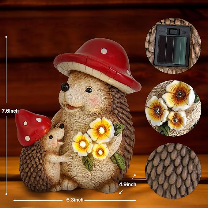 Solar Hedgehog Garden Statue Lights for Outdoor Decor, Resin Hedge hog Figurine Lighting Decorations, Patio Yard Lawn Ornaments Birthday Gifts for Women Mom Grandma-VerdiqueGarden