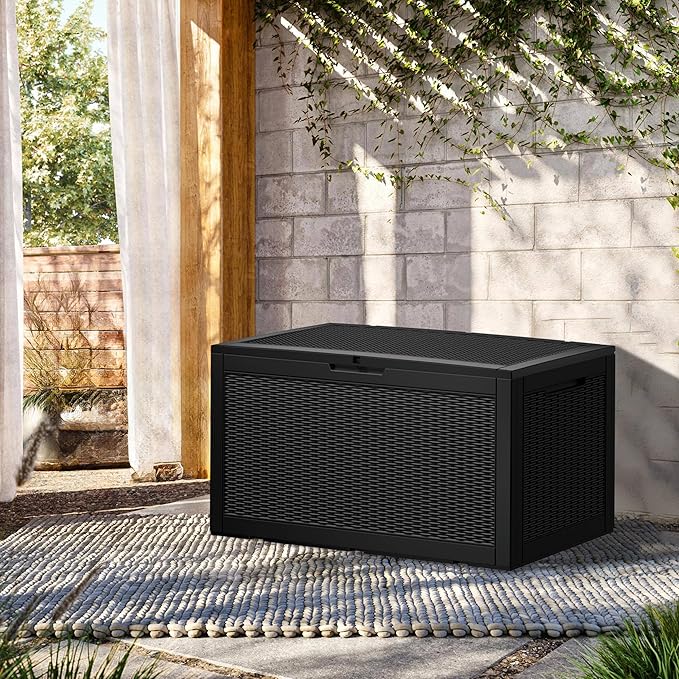 100 Gallon Resin Deck Box, Waterproof Outdoor Storage Bin for Patio Furniture, Pool Accessories, and Garden Tools, Lockable & UV-Resistant, Black-VerdiqueGarden