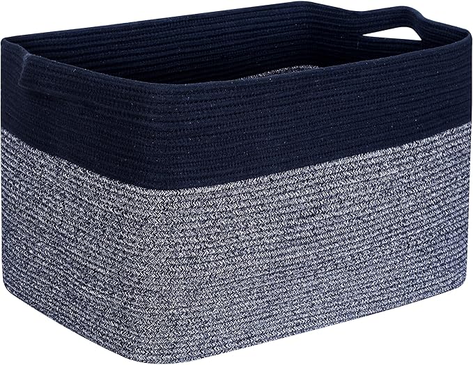 MINTWOOD Design 22in Extra Large Blanket Basket Holder for Living Room, Rectangle Rope Woven Storage Bin with Handles for Laundry, Pool Towels, and Shoes, Dog Toy Box Organizer, Navy Blue-VerdiqueGarden