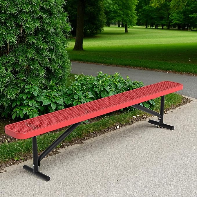48" L Outdoor Steel Flat Bench, Heavy Duty Metal Park Bench for Outside, Expanded Metal, Commercial Benches Mesh Bench for Shopping Mall, Store, Lawn, Park, Patio, Deck, Garden (Red, 8FT)-VerdiqueGarden
