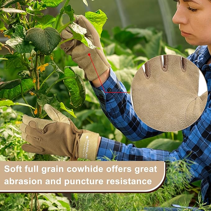 HLDD HANDLANDY Work Gloves for Women and Ladies, Leather Gardening Gloves Flexible Mechanic Working Gloves-VerdiqueGarden