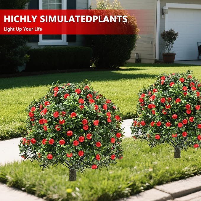 28" Artificial Boxwood Topiary Tree with Rose, Set of 2 Artificial Shrub Bushes with Ground Spike, Fake Evergreen Tree for Porch, Artificial Plants for Outdoor Planters Indoor UV Resistant-VerdiqueGarden