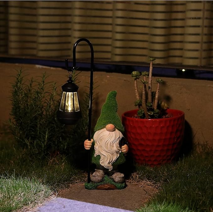 Flocked Garden Gnome Statue, Large Outdoor Gnome with Solar Lights, Funny Garden Figurines for Outdoor Home Yard Decor (15.8 Inch Tall)-VerdiqueGarden
