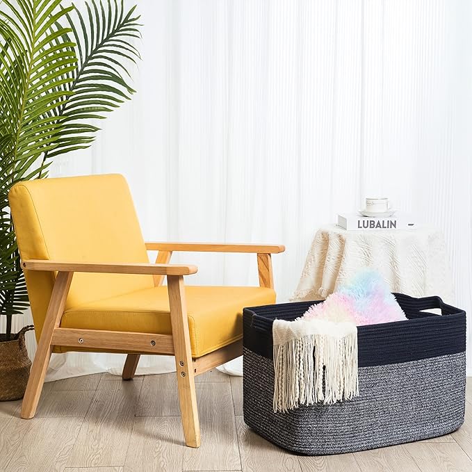 MINTWOOD Design 22in Extra Large Blanket Basket Holder for Living Room, Rectangle Rope Woven Storage Bin with Handles for Laundry, Pool Towels, and Shoes, Dog Toy Box Organizer, Navy Blue-VerdiqueGarden
