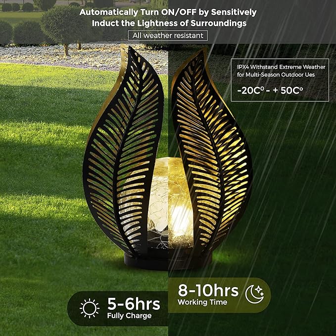 Solar Garden Lights Waterproof Decorations,Crackle Globe Glass,Metal Palm Leaf Solar Lights for Outdoor Decor On Garden,Patio,Yard,Front Porch,Tabletop Lamp-Perfect Gifts-VerdiqueGarden