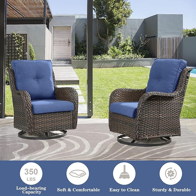 Wicker Outdoor Furniture Patio Furniture Set - 6 Piece Patio Conversation Set with Swivel Rocker Chairs, Loveseat Sofa, Ottomans and Coffee Table, Blue Cushion-VerdiqueGarden
