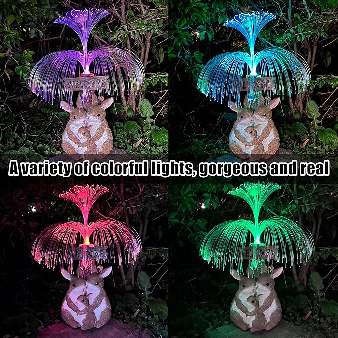 Solar Rabbit Garden Statues,Resin Rabbit Family Figurine with Welcome Card and 7-Color Changing Optical Fiber with Solar Lights, Lawn Decor Outdoor Statue for Patio,Balcony,Yard,Lawn-VerdiqueGarden