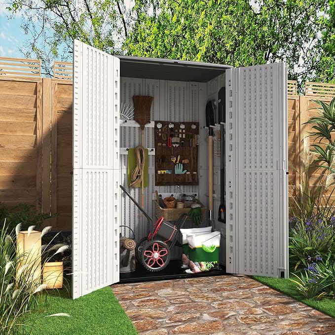 KINYING Outdoor Storage Cabinet Waterproof, Resin Vertical Outdoor Storage Shed for Patio Furniture, Garden Tools, Pool Accessories, Mower Storage (66 Cu.ft, Off White)-VerdiqueGarden