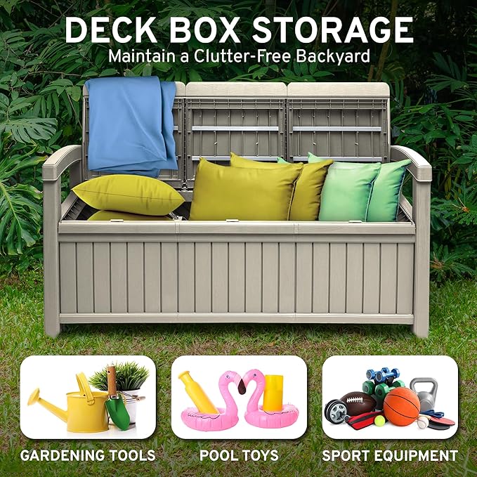 EconoHome 3 Seat Outdoor Storage Bench with Rain Cover - 90 Gallon Capacity - Weatherproof Resin Bench for Patio, Porch, Garden, Yard, Pool Area - Furniture for Pool Accessories, Gardening Tools-VerdiqueGarden