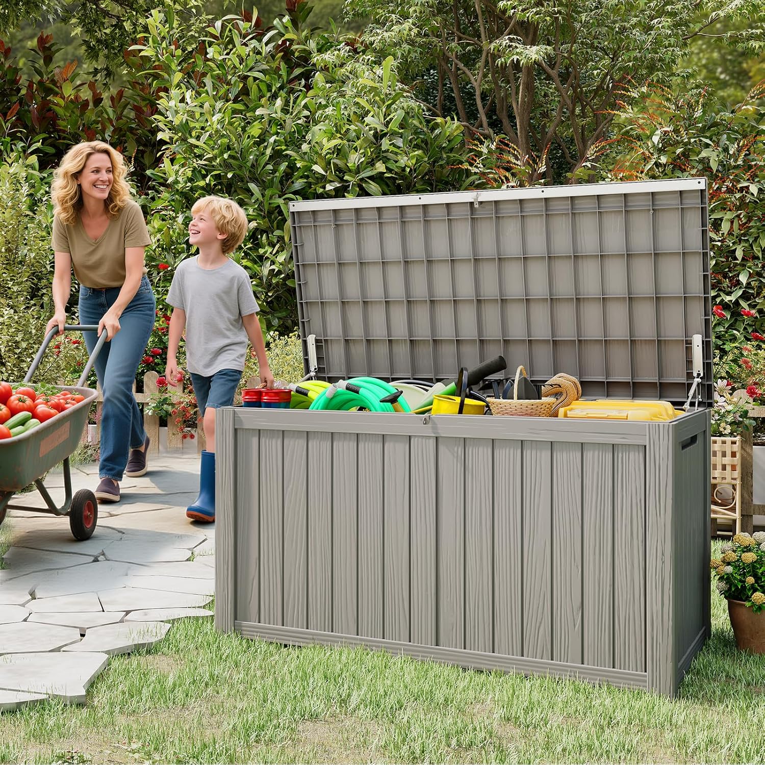 Outdoor Storage Box, 180 Gallon Waterproof Resin Deck Box, Storage Bin for Package Delivery, Patio Furniture Cushion, Garden Tools, Pool Accessories, Weatherproof and UV Resistant, Grey-VerdiqueGarden