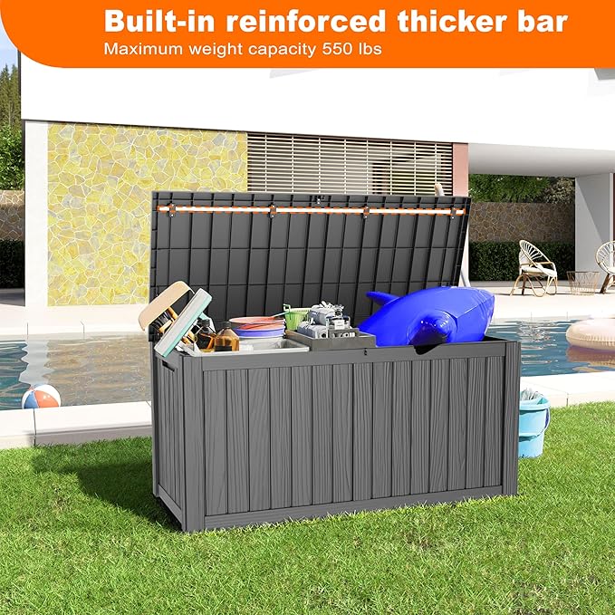150 Gallon Resin Deck Box, Lockable Patio Outdoor Storage Box for Furniture, Garden Tools and Tools Storage, Waterproof Outside Storage Boxes - Black-VerdiqueGarden