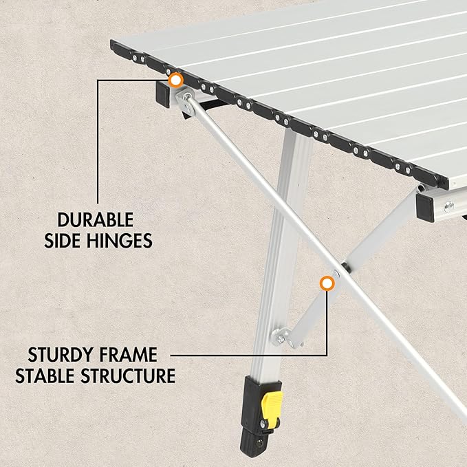PORTAL Outdoor Folding Portable Picnic Camping Table with Adjustable Height Aluminum Roll Up Table Top Mesh Layer, Silver-VerdiqueGarden