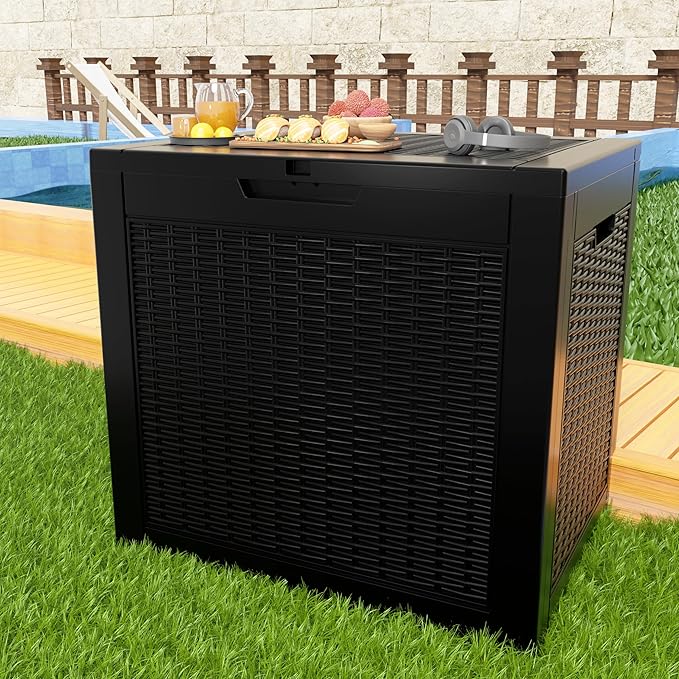36 Gallon Outdoor Deck Box,Storage Lockable Waterproof Patio Furniture,Garden Tools,Cushions,Pool Accessories Outside Storage Resin Box(Black Pattern)-VerdiqueGarden