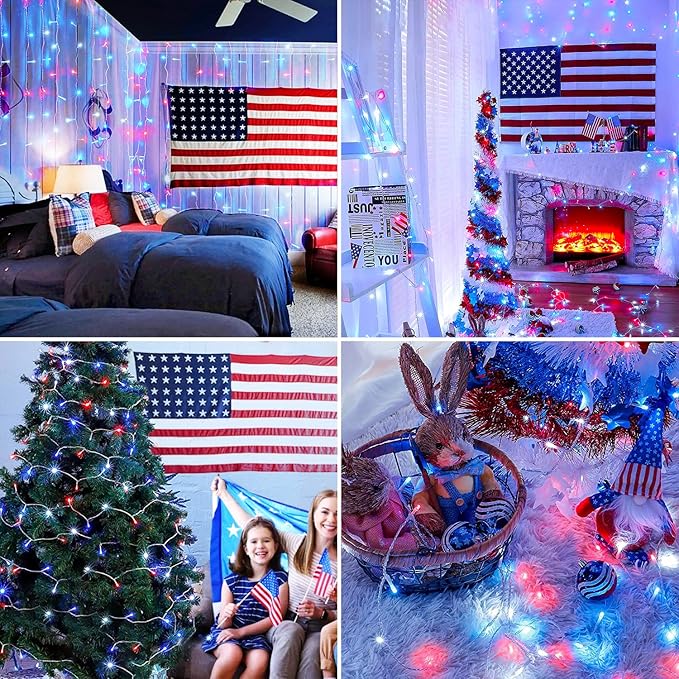 JMEXSUSS Red White & Blue Lights Clear Wire, 66 Ft 200 LED 4th of July Decorations String Lights Plug in, Christmas Lights for Independence Day Celebration Party Memorial Day Patriotic Holidays Decor-VerdiqueGarden