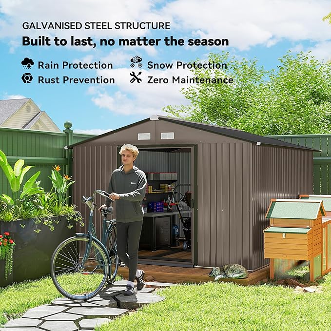 Outsunny 11' x 9' Outdoor Storage Shed, Garden Tool Metal Shed with Foundation Kit, Double Lockable Door, Air Vents and Sloping Roof, for Backyard, Patio, Lawn, Brown-VerdiqueGarden