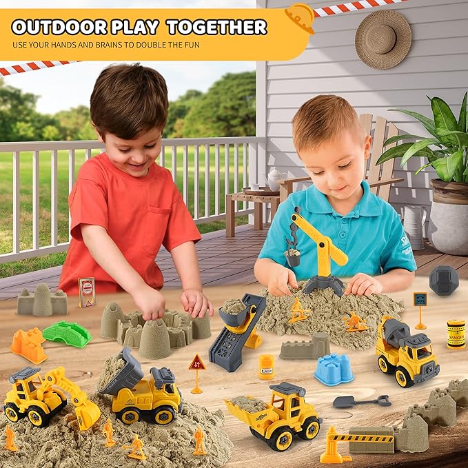 Asoxt 43-Piece Construction Sensory Playset – 2 lbs Play Sand, 4 DIY Trucks, Crane & Road Signs – Creative Sandbox Toy for Kids Ages 3+-VerdiqueGarden