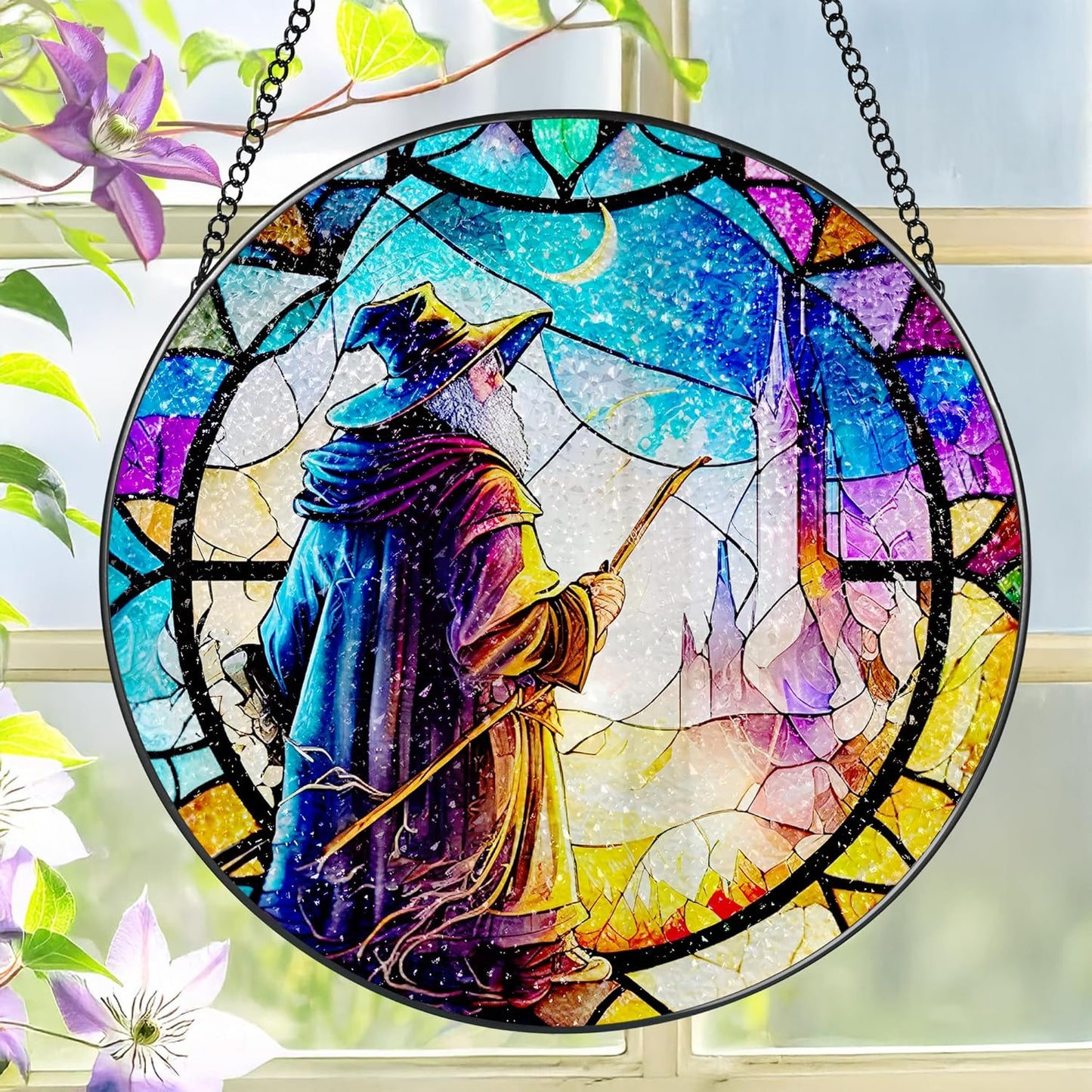 Stained Glass Window Hanging, LAOWEIKI 8'' Witch Suncatcher, Stained Glass Ornament, Suncatchers for Windows Hanging, Window Decor, Outdoor or Indoor, Gifts for Friends-VerdiqueGarden