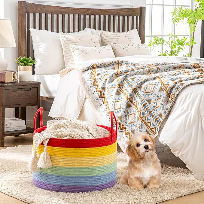 KAKAMAY Large Blanket Basket (20"x13"),Woven Baskets for storage Baby Laundry Hamper, Cotton Rope Blanket Basket for Living Room, Laundry, Nursery, Pillows, Baby Toy chest (Rainbow)-VerdiqueGarden