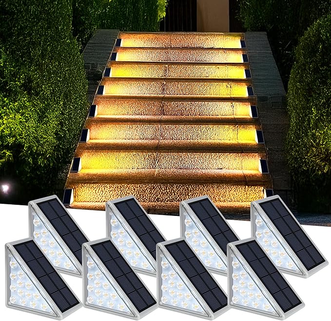LED Solar Step Lights Waterproof Outdoor Stair Lights, Warm White Solar Deck Lights IP67 Solar Decoration Lights for Yard, Patio, Garden, Walkways, Front Door, Pathway, Driveway, Porch 2PK-VerdiqueGarden