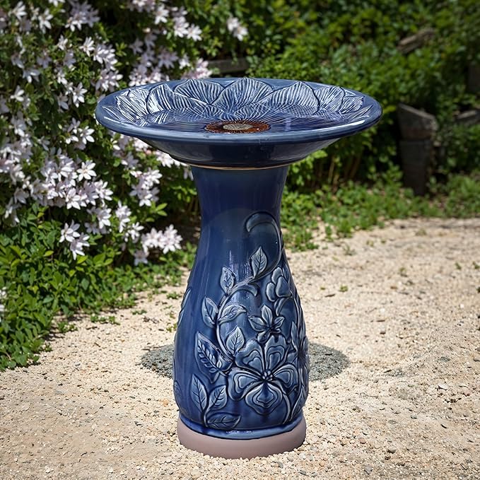 LuxenHome 22 Inch Ceramic Bird Bath for Outside, Elegant Tall Outdoor Bird Bath, Lightweight Pedestal Glazed Birdbaths for Outdoors with Floral Pattern, Deep Blue-VerdiqueGarden
