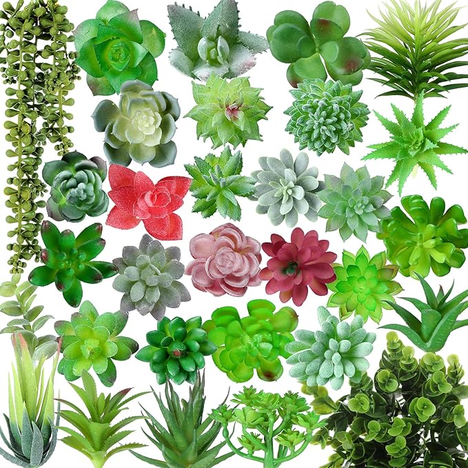 Therwen 32 Pcs Summer Artificial Succulents Plants Fake Realistic Faux Succulents Fake Plant Artificial Plant Home Decor for Outdoor Indoor Garden Office Summer Decorations-VerdiqueGarden