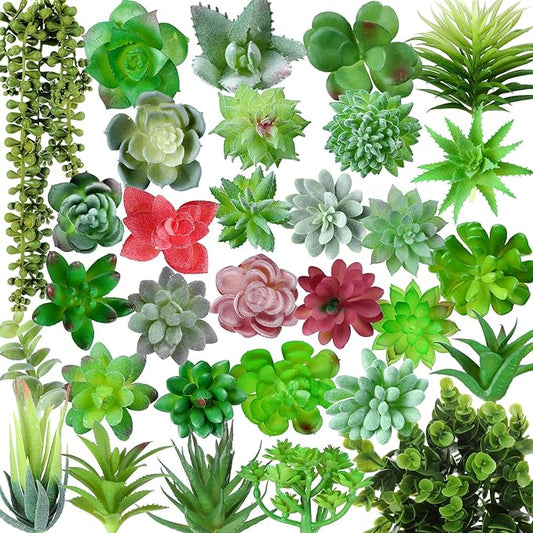 Therwen 32 Pcs Summer Artificial Succulents Plants Fake Realistic Faux Succulents Fake Plant Artificial Plant Home Decor for Outdoor Indoor Garden Office Summer Decorations-VerdiqueGarden