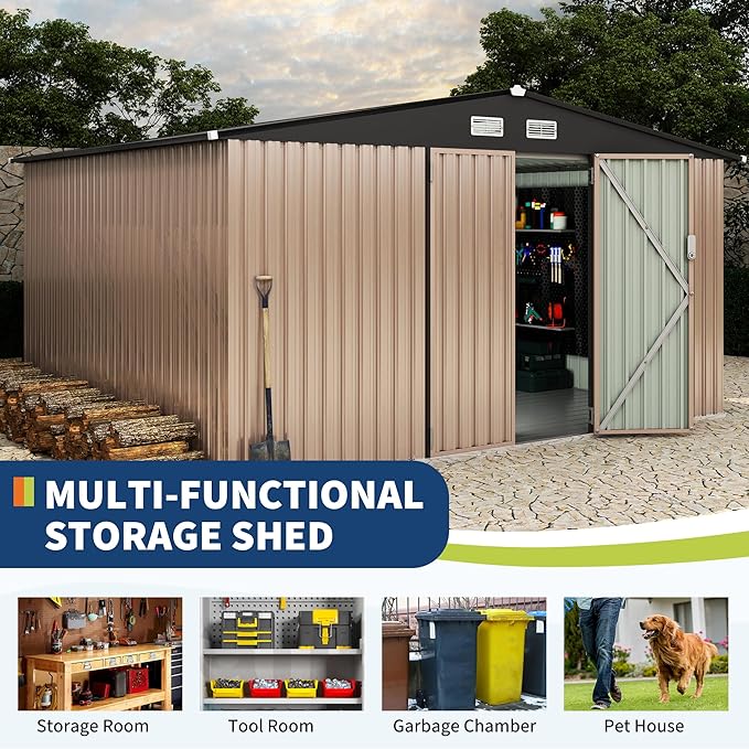 10x12 FT Metal Storage Sheds Outdoor with Floor, Metal Yard Sheds Garden Shed Kit, MetalTool Shed with Lockable Door, Metals UtilitySheds Buildings with Air Vent for Backyard Garden Patio Lawn-VerdiqueGarden