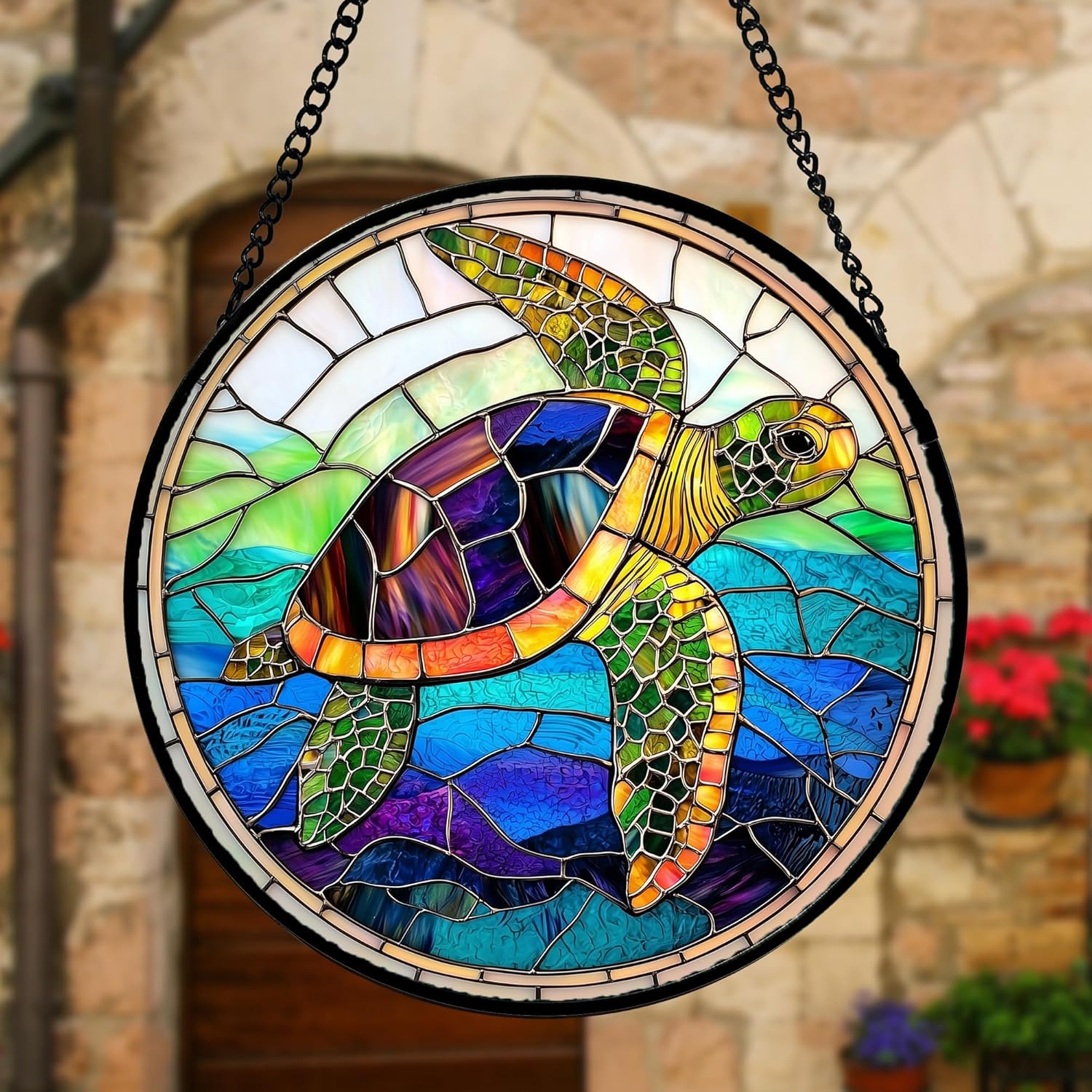 Stained Glass Window Hanging, Colored Turtle Ocean Suncatcher Diamond Glass Panel Hangings Marine Life Sun Catchers Decor for Birthday for Women, Men, Wife, Aunt, Mom 6.3 in-VerdiqueGarden