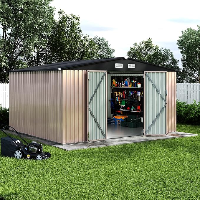 10x12 FT Metal Storage Sheds Outdoor with Floor, Metal Yard Sheds Garden Shed Kit, MetalTool Shed with Lockable Door, Metals UtilitySheds Buildings with Air Vent for Backyard Garden Patio Lawn-VerdiqueGarden